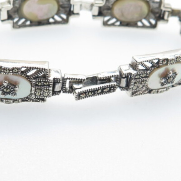 925 Sterling Silver Vintage Real MOP & Marcasite Star Oxidized Panel Bracelet 7